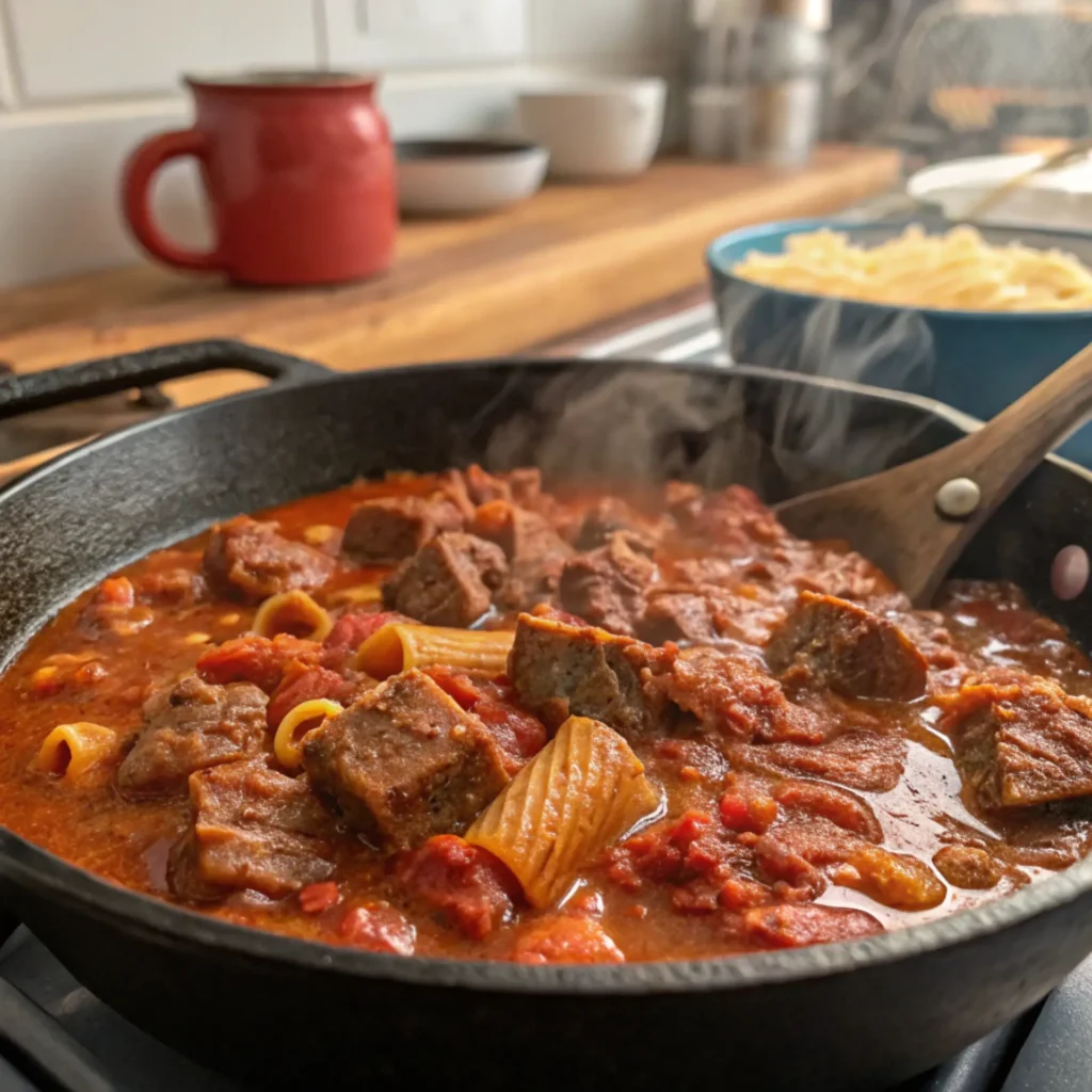 Old fashioned goulash simmering in a cast iron skillet with beef and pasta in tomato sauce