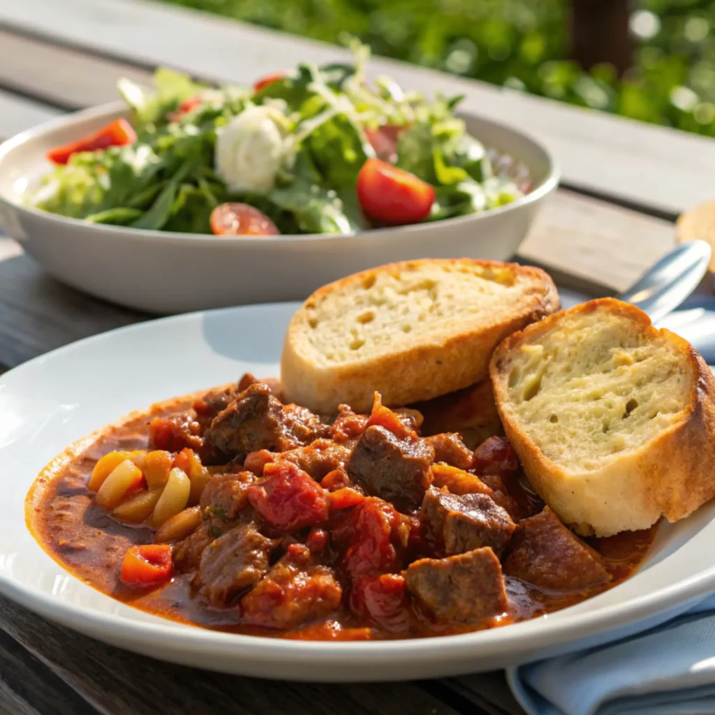 Old fashioned goulash served with garlic bread and garden salad on a white plate