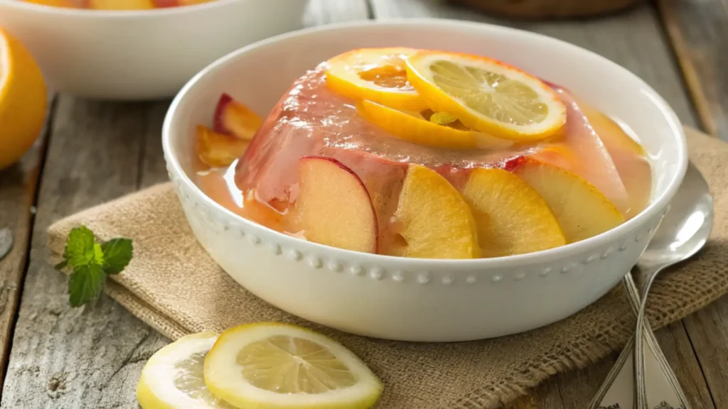 Peach Lemonade Jello with sliced peaches and lemons in a white bowl