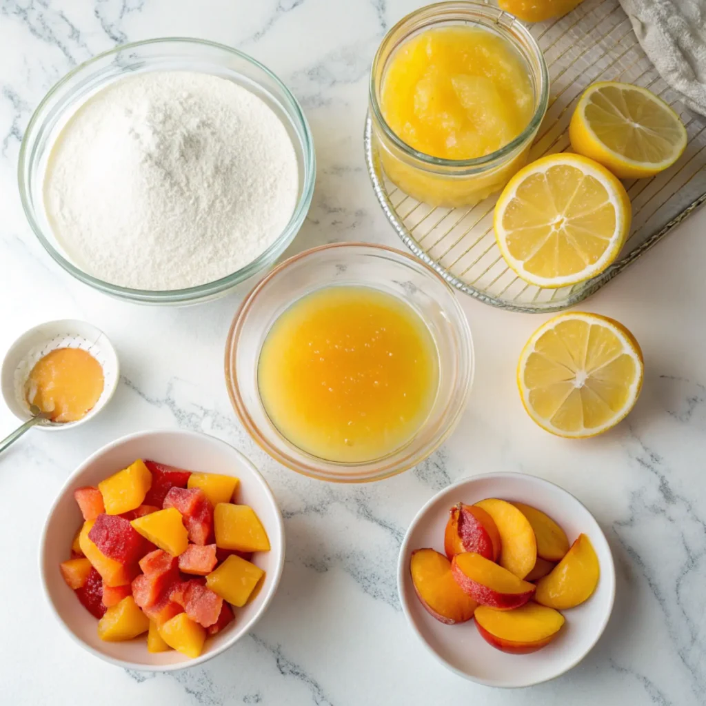 Peach Lemonade Jello ingredients including peach slices, lemon juice, gelatin, and puree