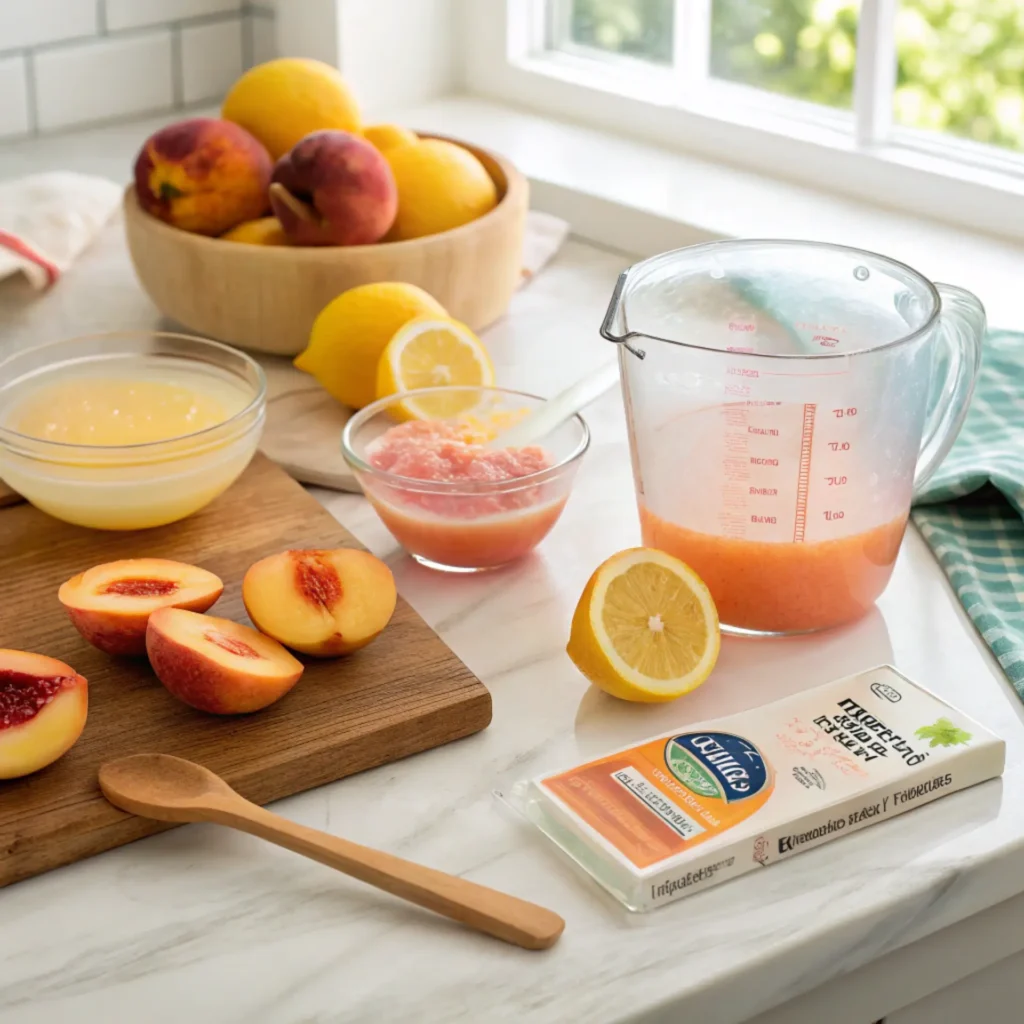 Peach Lemonade Jello preparation with fresh peaches, lemon, gelatin, and puree on kitchen counter