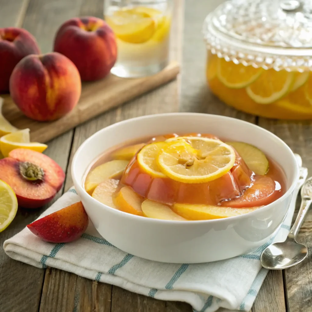Peach Lemonade Jello with fresh lemon and peach slices served in a white bowl on a rustic table