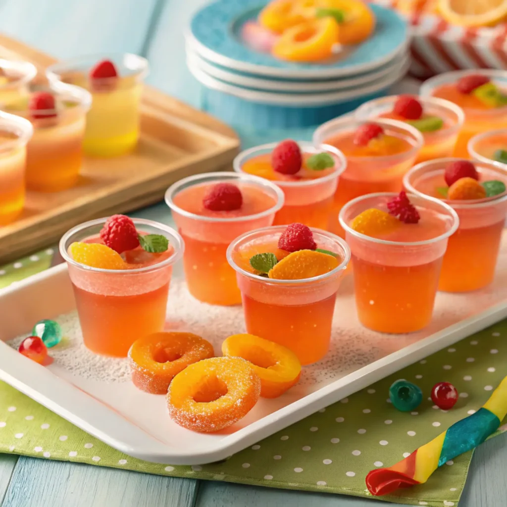 Peach Lemonade Jello shots in plastic cups with peach slices, raspberries, and mint