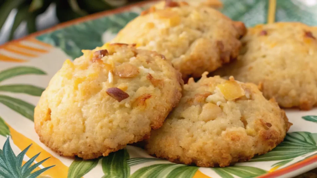 Close-up of soft pineapple cookies with coconut and macadamia on a tropical plate