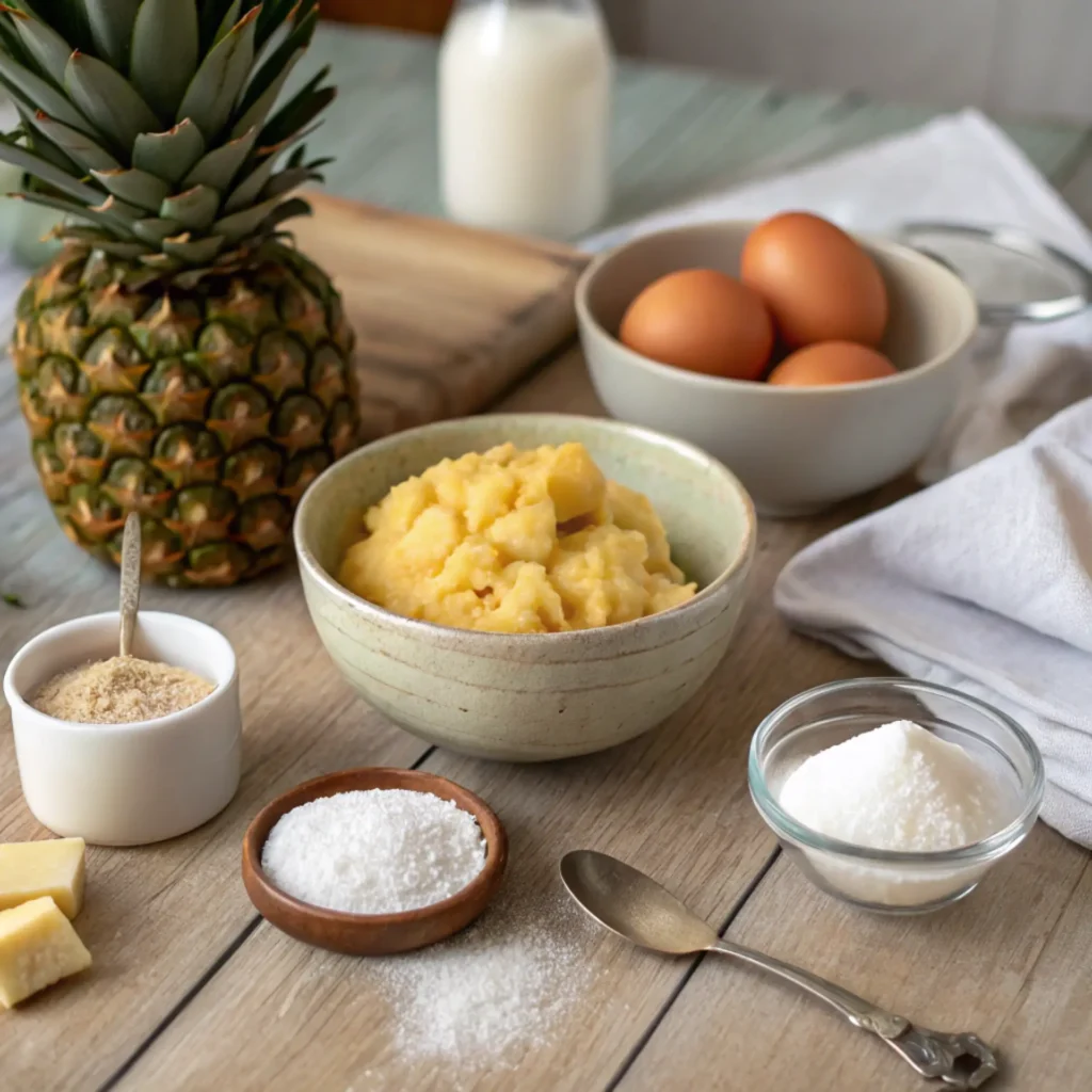 Ingredients for pineapple cookies including crushed pineapple, sugar, eggs, and flour on a wooden kitchen counter