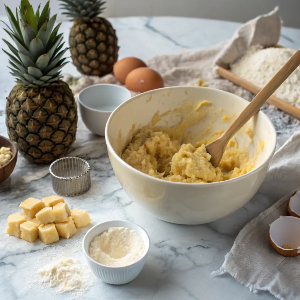 Mixing pineapple cookie dough with fresh pineapple and baking ingredients on a marble counter