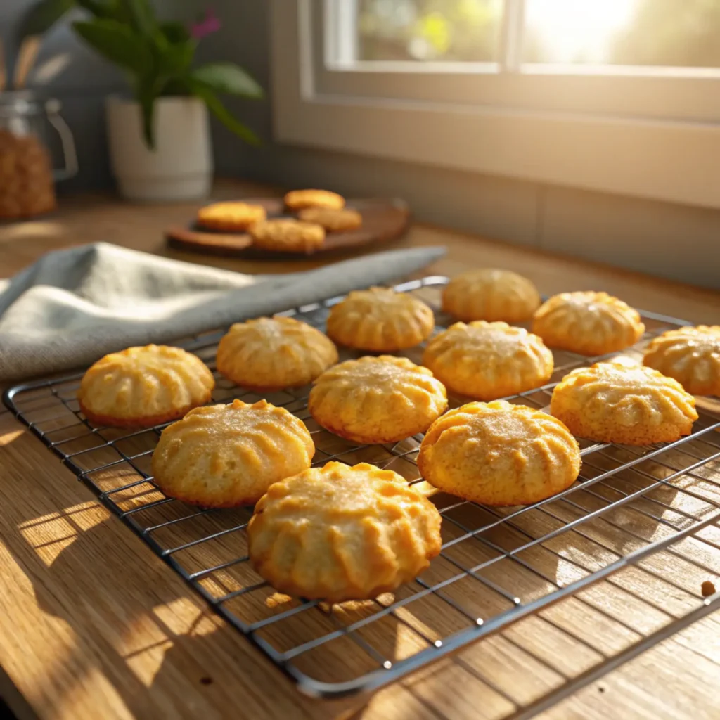 Freshly baked pineapple cookies cooling on a wire rack in natural sunlight