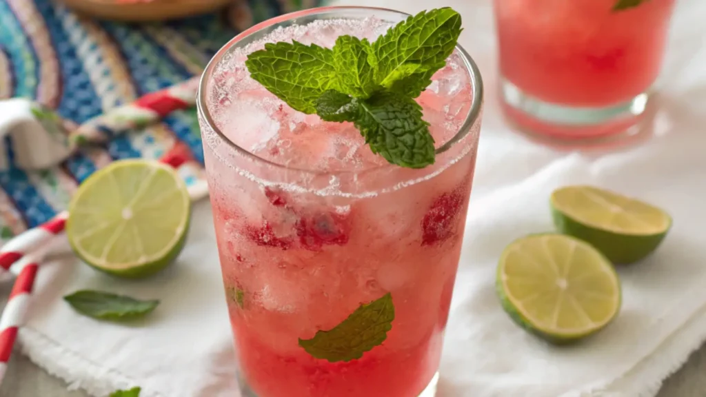 Pink Coconut Mojito garnished with mint and served with lime slices on a summer table
