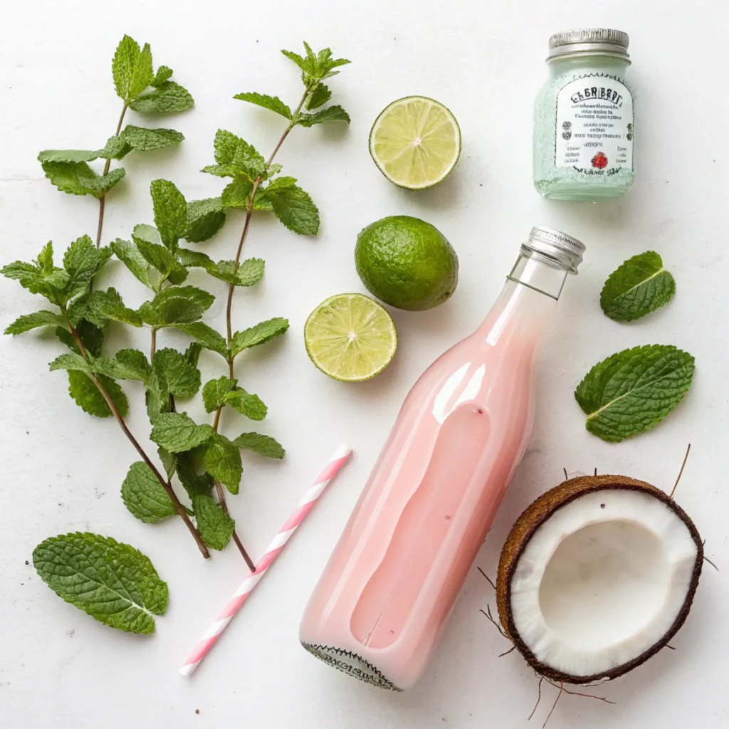 Pink Coconut Mojito ingredients including mint leaves, lime, coconut, and pink coconut water on a white background