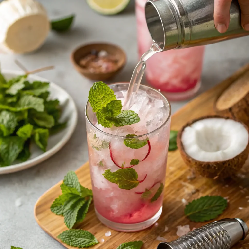 Preparing a Pink Coconut Mojito with crushed ice, mint, and coconut on a wooden board