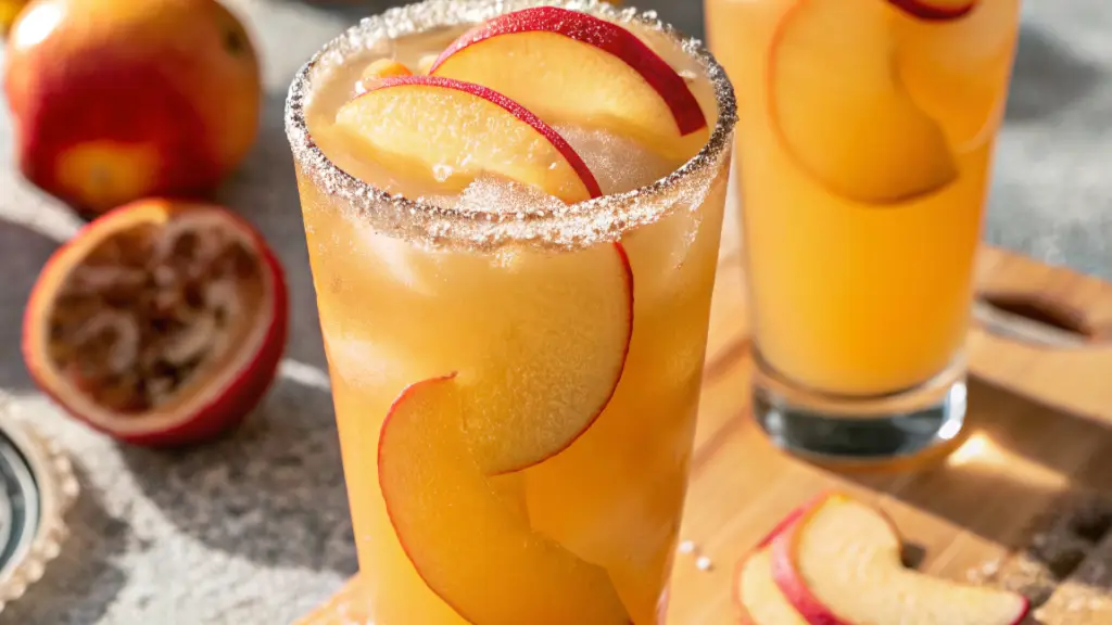 Peach Ring Cocktail with peach slices and sugar rim in a tall glass