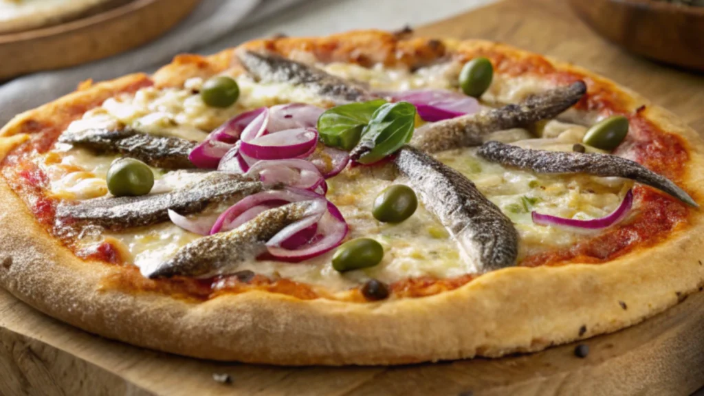 Close-up of a sardine pizza topped with green olives, red onions, and fresh basil on a golden crust.