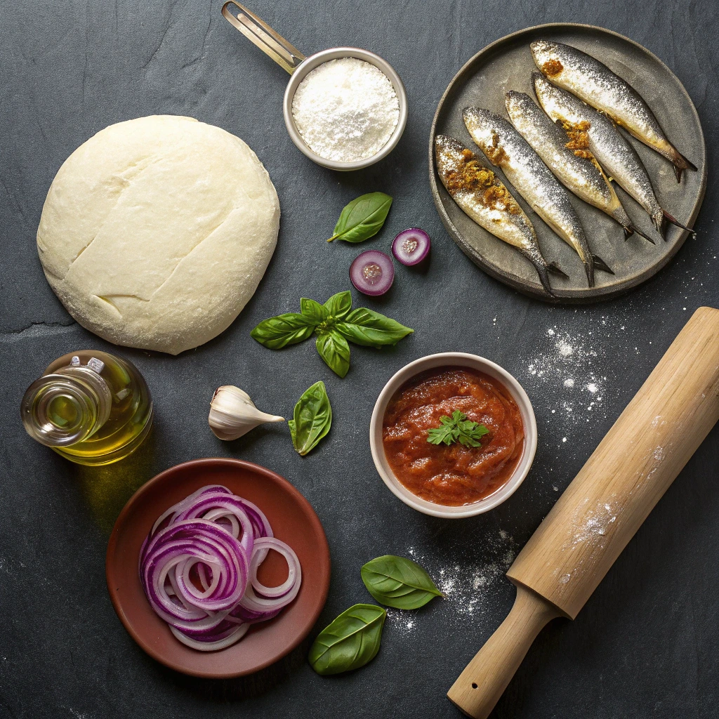 Overhead view of fresh sardine pizza ingredients including dough, sardines, tomato sauce, onions, and basil.