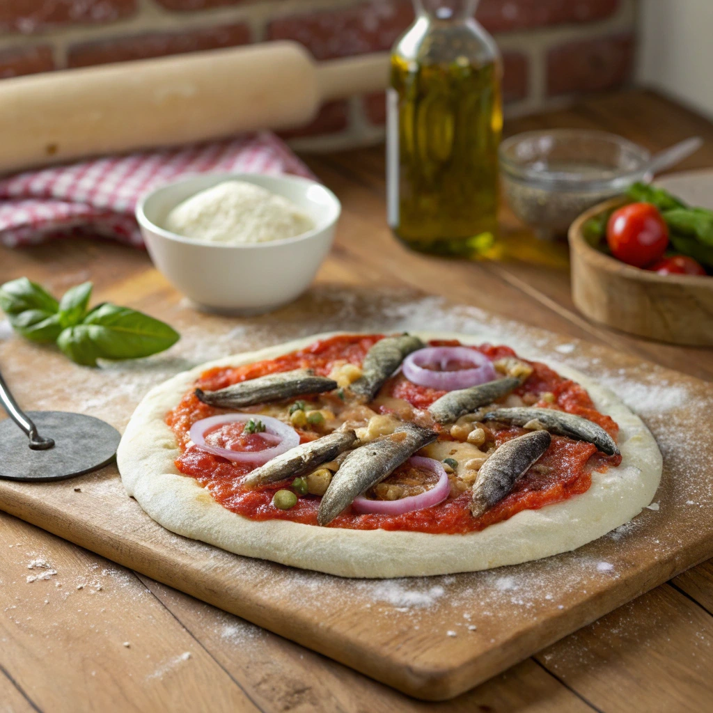 Unbaked sardine pizza topped with tomato sauce, red onions, and whole sardines on a floured wooden board.