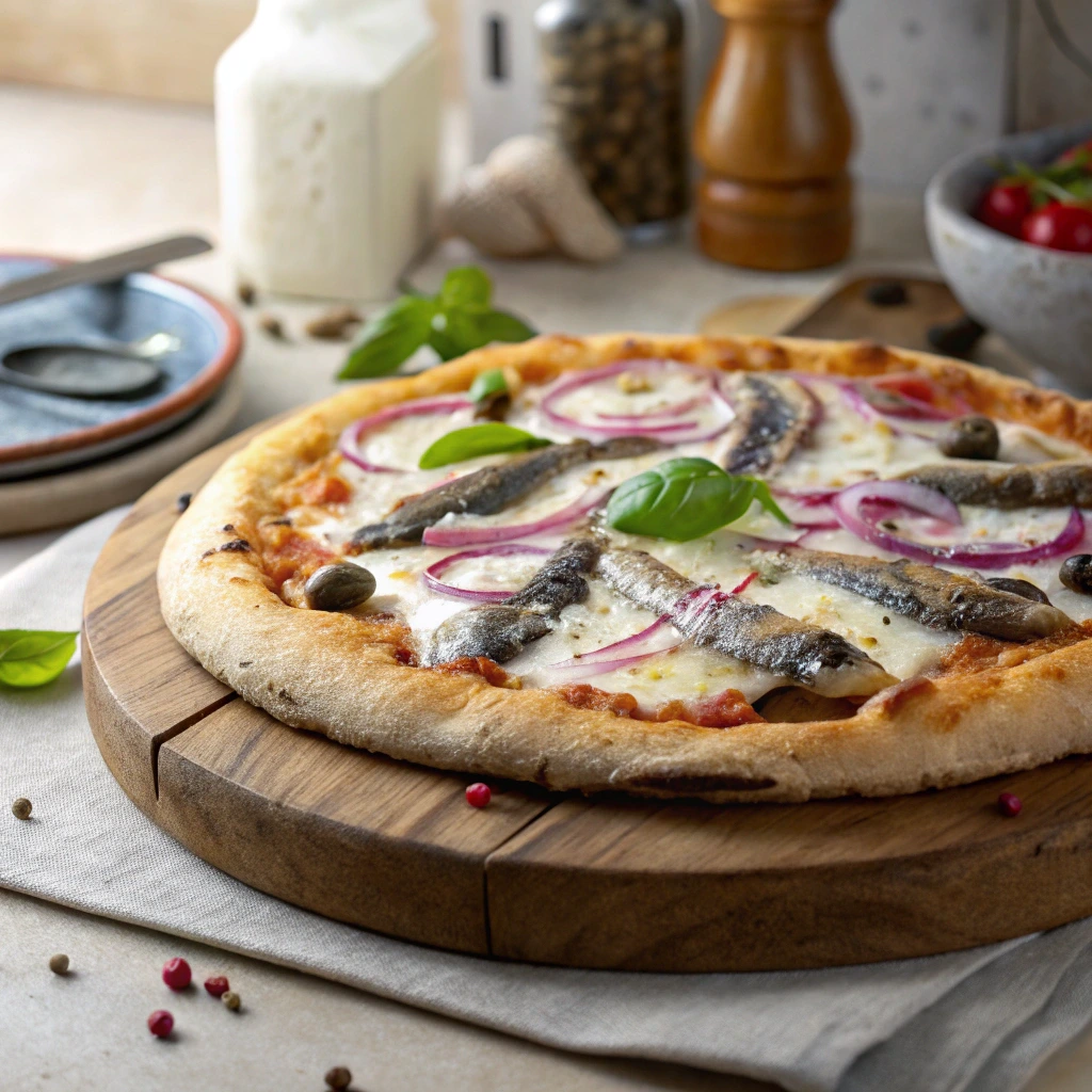 Sardine pizza topped with red onions, basil, and olives on a wooden board in a rustic kitchen.