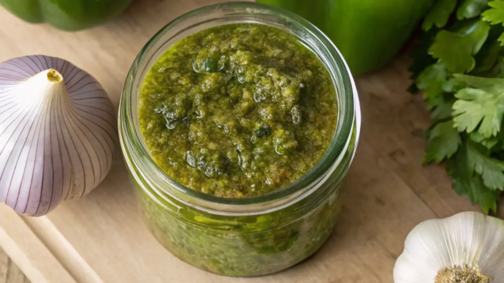 Fresh homemade Puerto Rican sofrito recipe in a glass jar with garlic and herbs