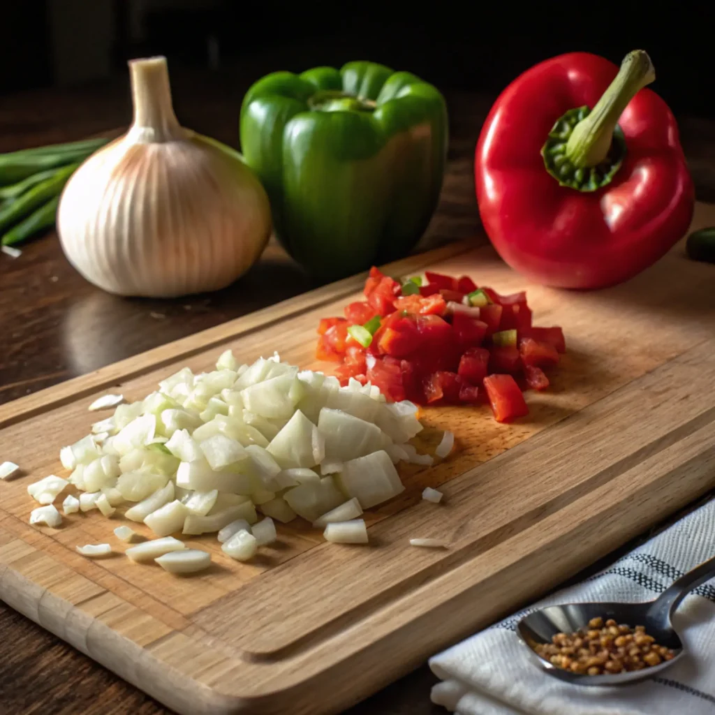 Chopped onions and red bell peppers for traditional sofrito recipe preparation