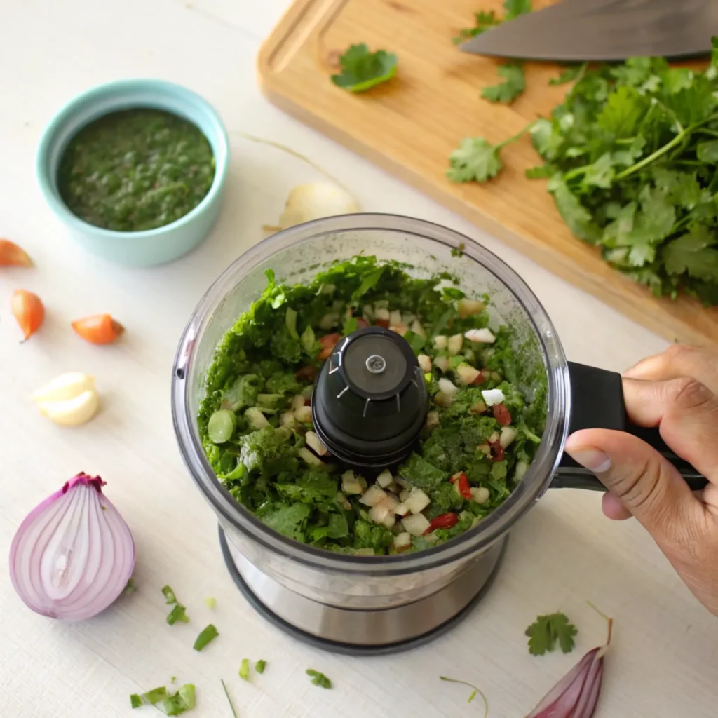 Blending fresh herbs and vegetables for homemade sofrito recipe in a food processor