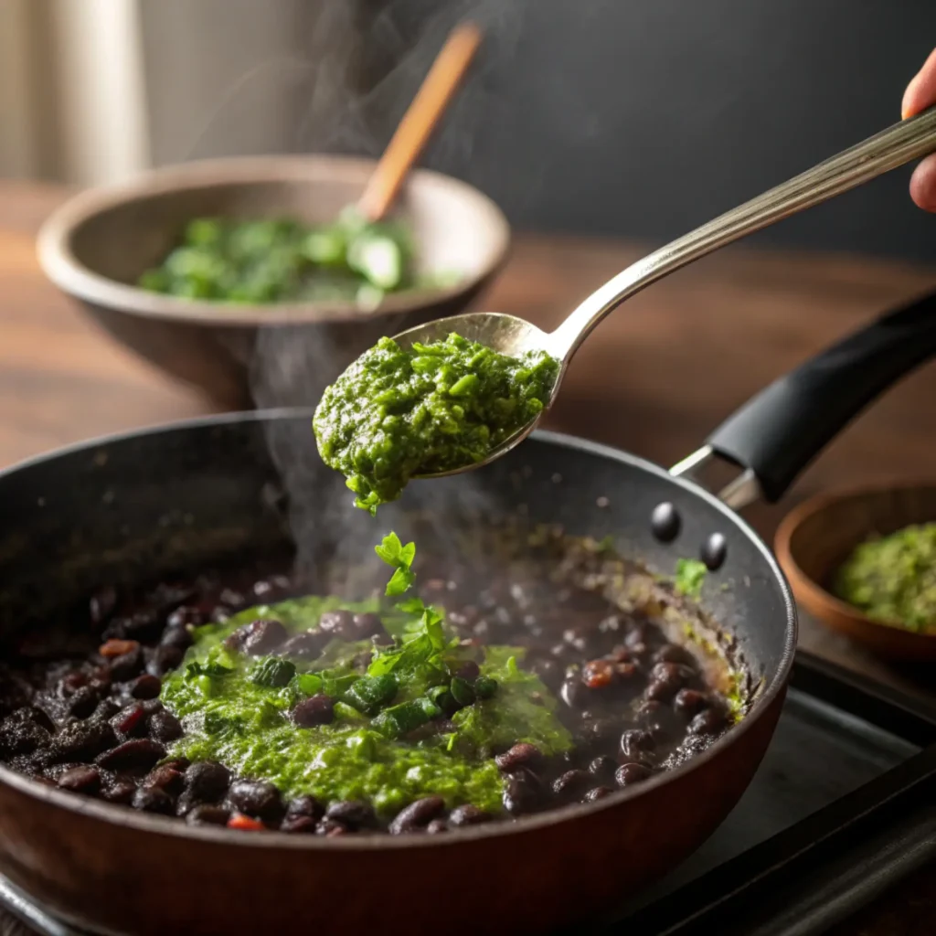 Spoonful of green sofrito recipe added to simmering black beans in a pan