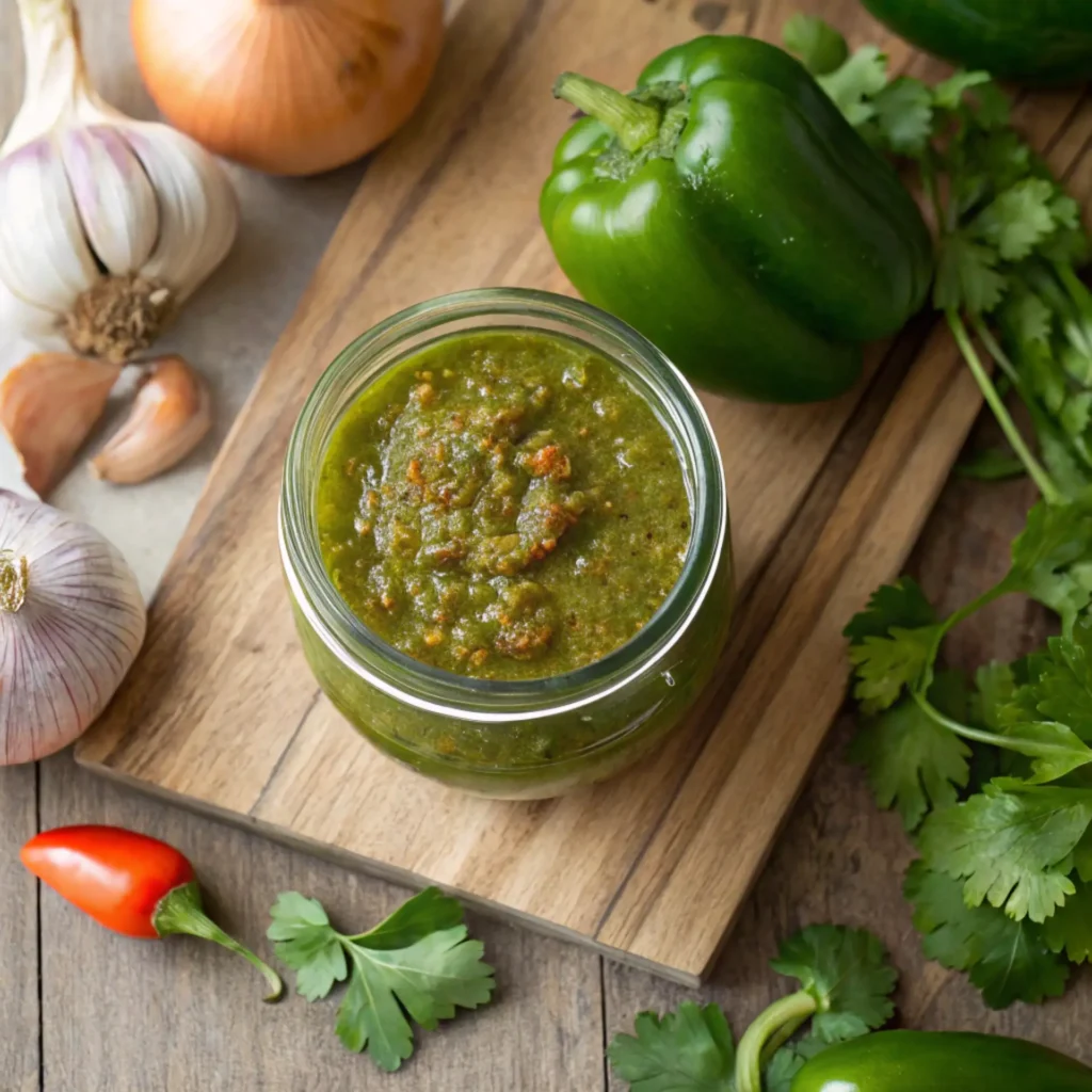 Jar of green sofrito recipe surrounded by garlic, green pepper, onion, and fresh cilantro