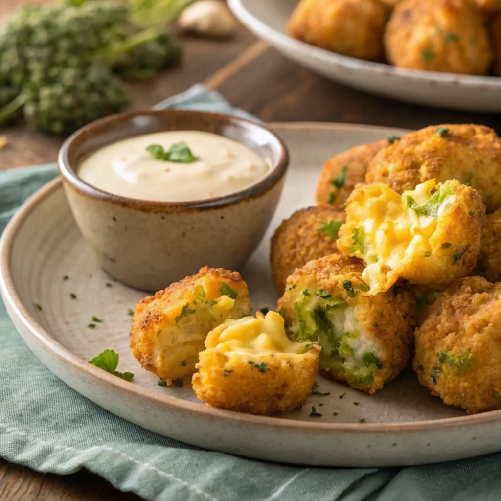 Plate of crispy broccoli cheddar tots with creamy dipping sauce
