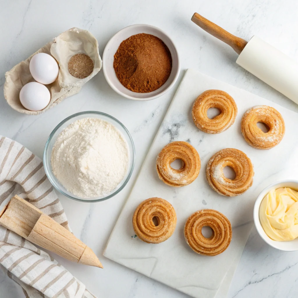 Flat lay of churro cronut preparation with ingredients including flour, eggs, cinnamon sugar, buttercream, and raw dough rings on a marble surface.