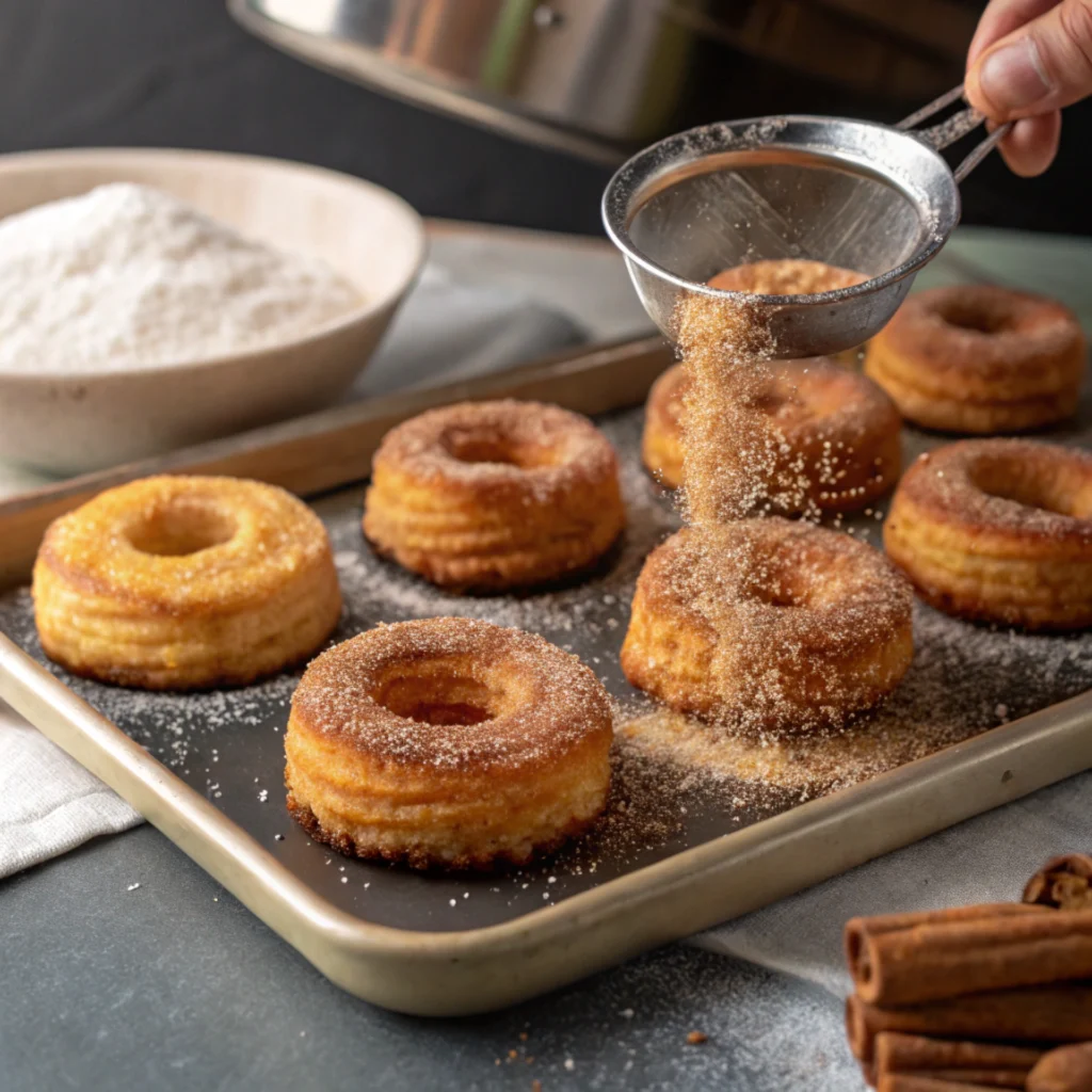 Freshly baked churro cronuts being topped with cinnamon sugar on a tray, with a sifter and powdered sugar bowl in the background.