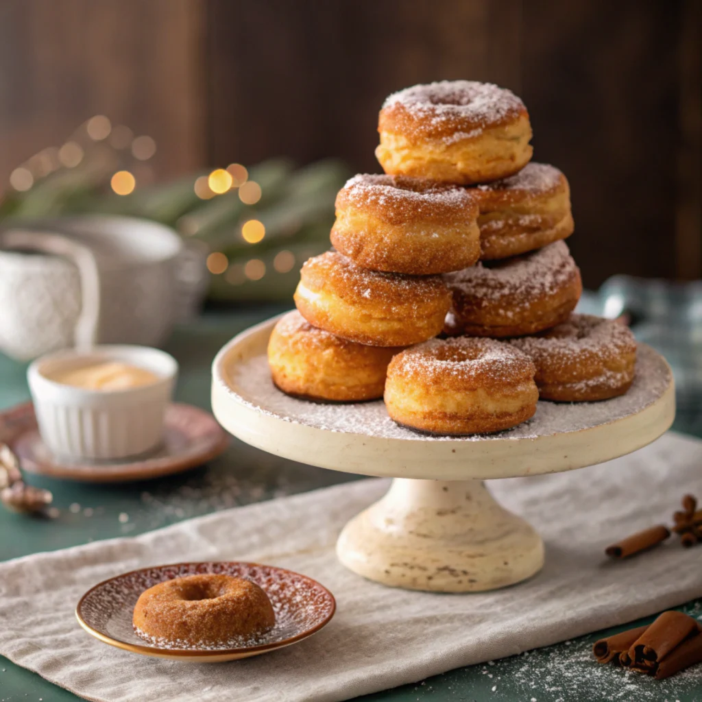 A stack of churro cronuts dusted with powdered sugar on a cake stand, with a single cronut on a plate and cinnamon sticks in the background.