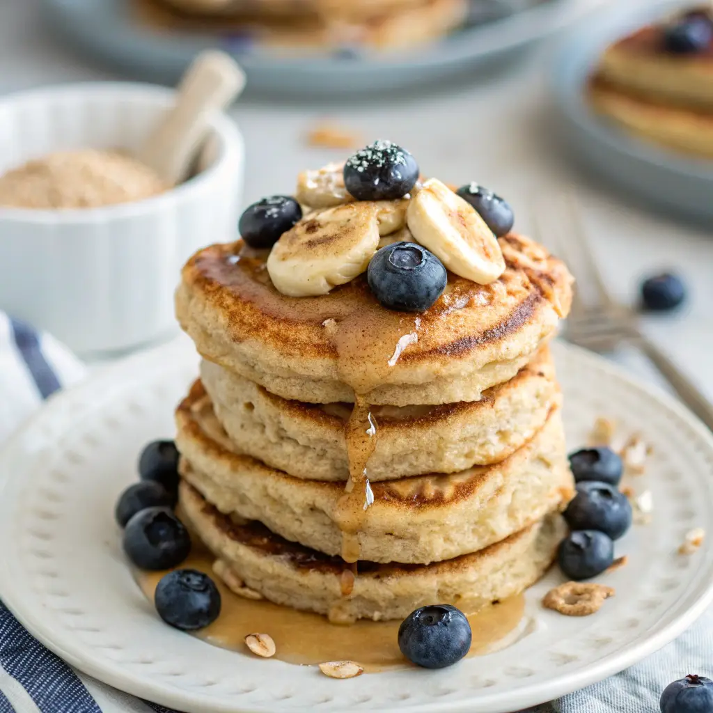 Fluffy oatmeal pancakes stacked with banana slices, blueberries, and maple syrup on a white plate