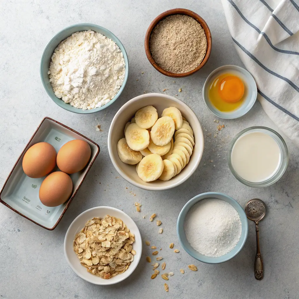 Ingredients for oatmeal pancakes including oats, bananas, eggs, and flour on a countertop