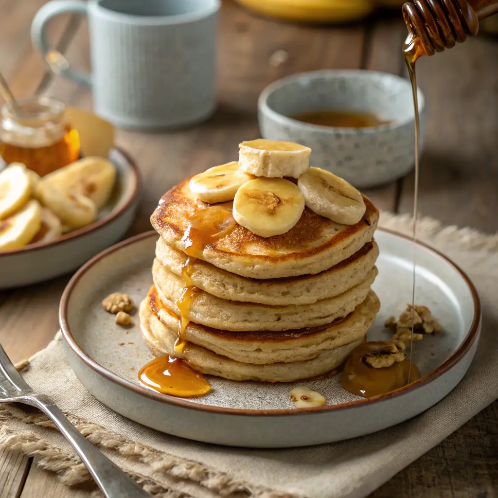 Stack of oatmeal pancakes topped with banana slices and drizzled with maple syrup on a rustic plate