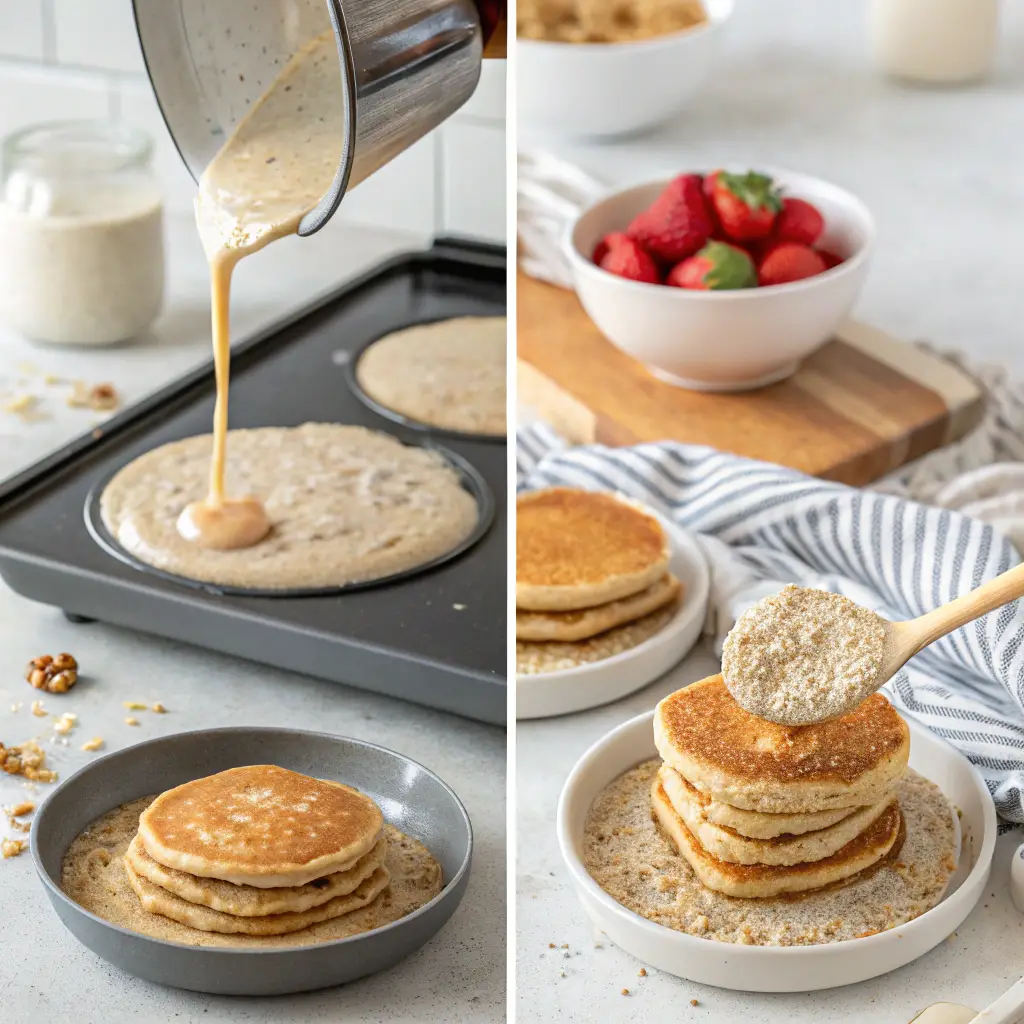 Pouring oatmeal pancake batter on a griddle and serving a stack of healthy pancakes with oat topping