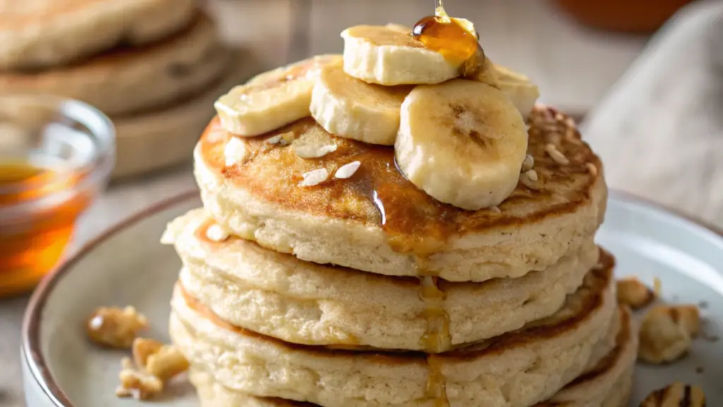Stack of fluffy oatmeal pancakes topped with fresh banana slices and drizzled with maple syrup.
