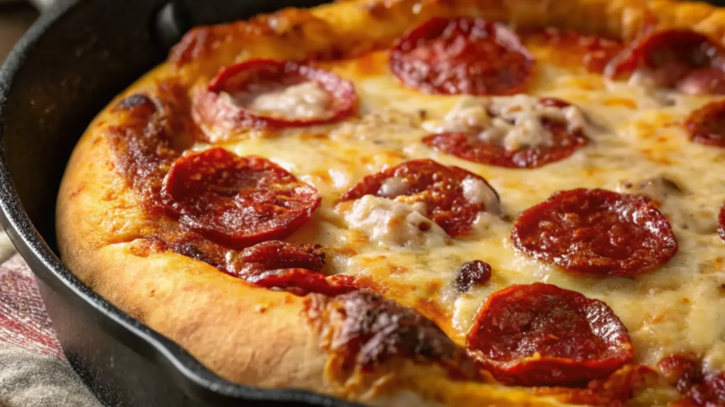 Close-up of a hot and crispy pepperoni pan pizza baked in a cast iron skillet, showing golden crust and melted cheese.