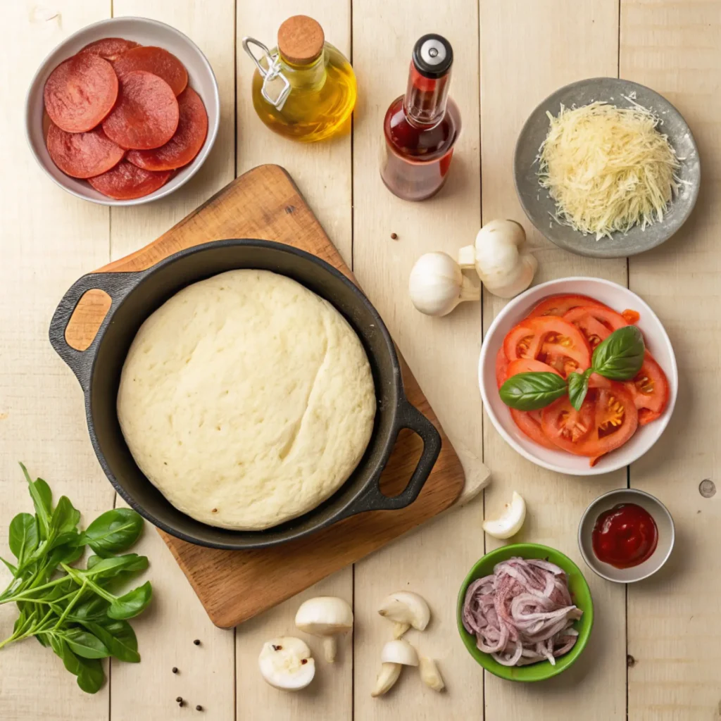 Top view of pan pizza ingredients including pizza dough in a cast iron skillet, pepperoni slices, shredded cheese, tomatoes, mushrooms, onions, and fresh basil on a wooden surface.