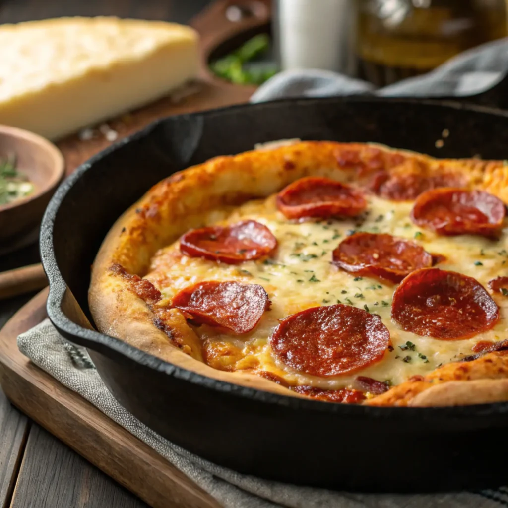 Freshly baked pepperoni pan pizza in a cast iron skillet with golden crust, melted cheese, and crispy pepperoni slices on top.