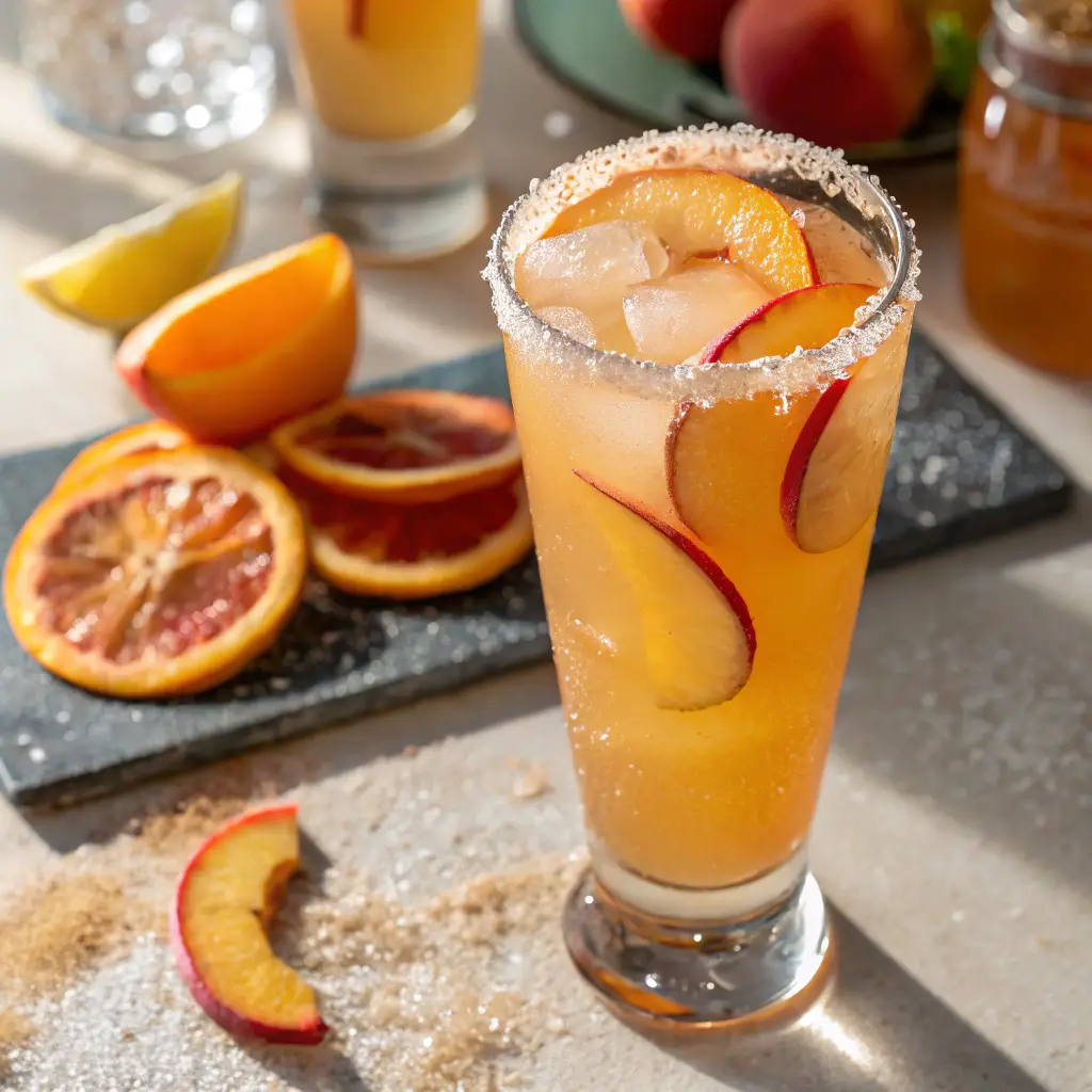 Peach Ring Cocktail with peach candy garnish