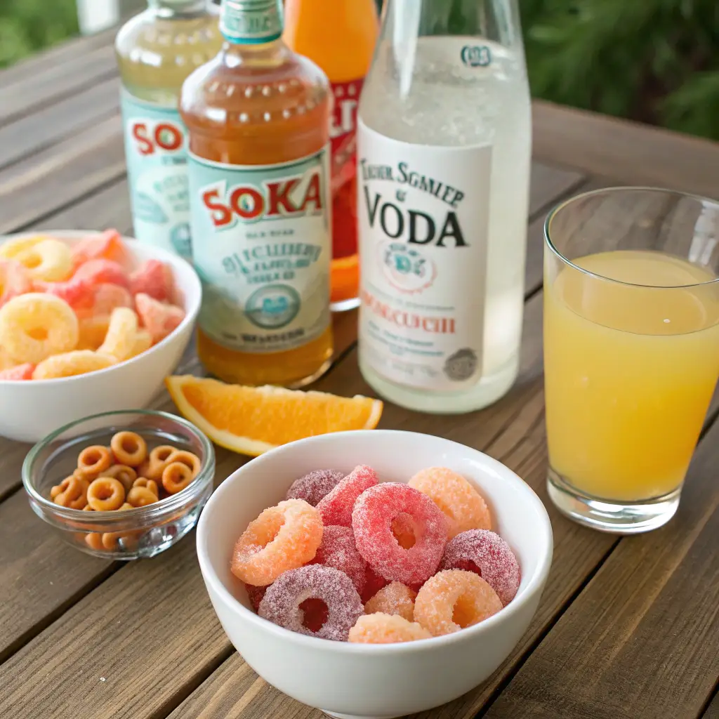Peach Ring Cocktail ingredients on table