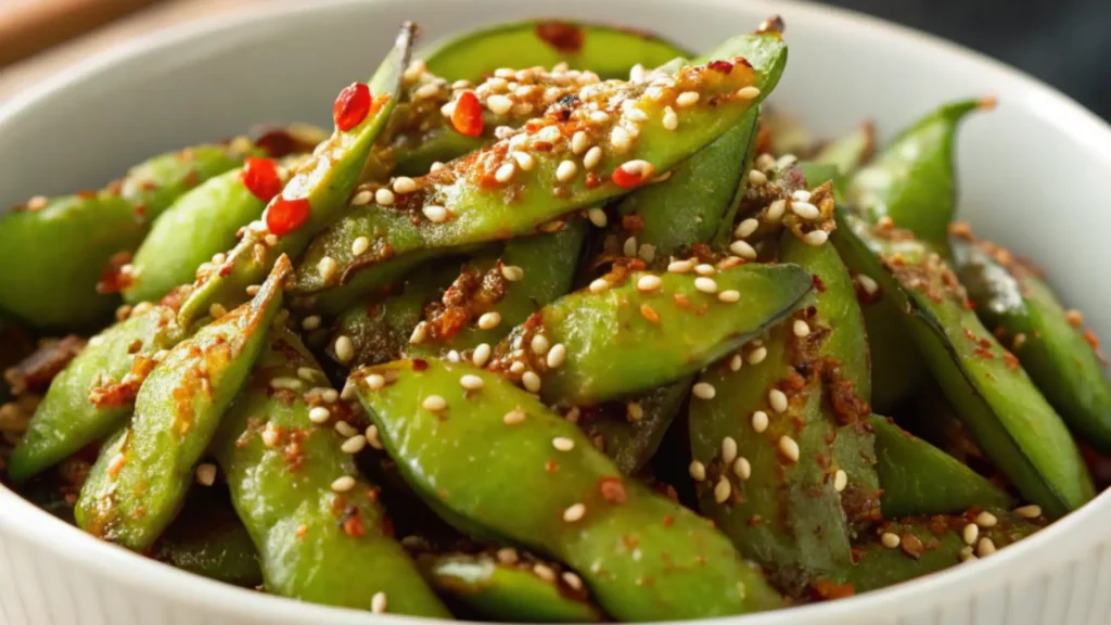 Spicy edamame pods tossed with garlic chili sauce and sprinkled with sesame seeds in a white bowl
