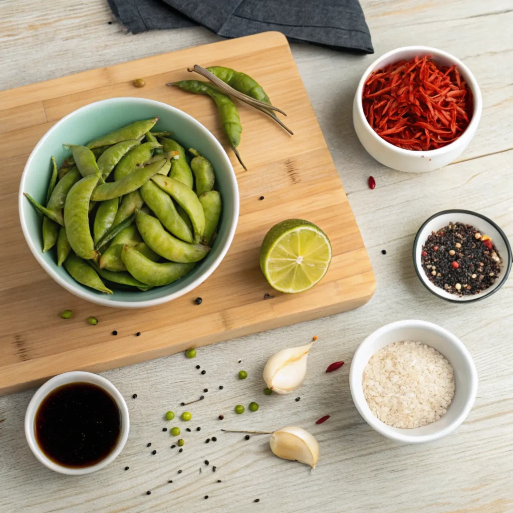 Spicy edamame ingredients including green edamame pods, garlic, soy sauce, chili flakes, lime, and sea salt on a wooden board
