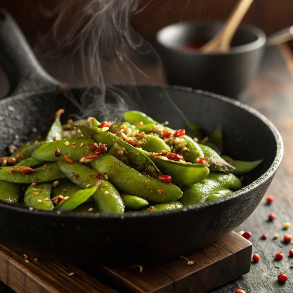 Spicy edamame served hot in a cast iron skillet with garlic, red chili flakes, and sesame seeds