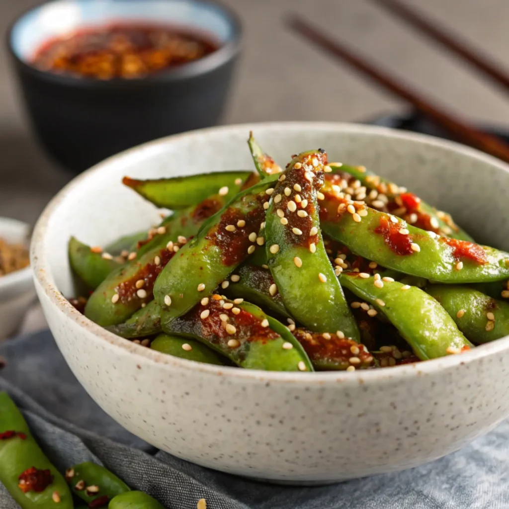Spicy edamame coated in chili garlic sauce and sprinkled with sesame seeds in a ceramic bowl